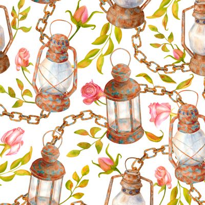 Винтажный принт с розами и фонарями