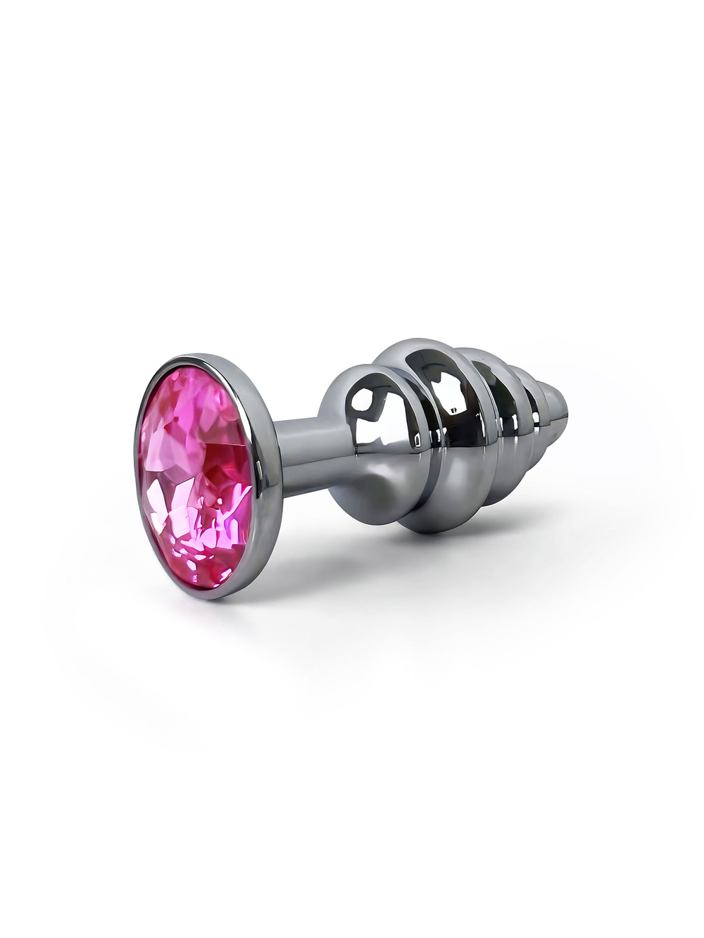 Анальная пробка металлическая ребристая с розовым кристаллом Fantasy Toys (S)