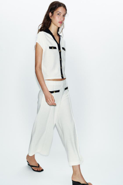 ZARA БРЮКИ-КЮЛОТЫ ИЗ РЕЛЬЕФНОЙ ТКАНИ, ЭКРЮ/ТЕМНО-СИНИЙ