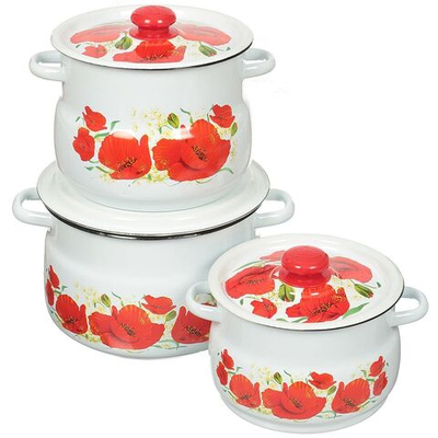 Набор эмалированной посуды 6 пр, кастрюли 4,5.5,8 л, Сиб товары, Маки 11, N11B67, бел