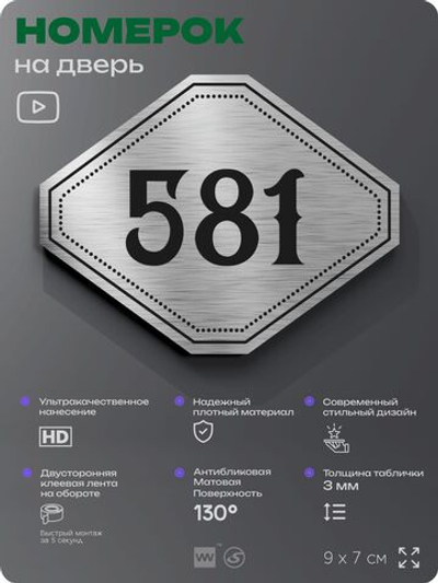 Номерок на дверь квартиры 581, для кабинета, офиса, шильдик 9 х 7 см, серебристый, Айдентика Технолоджи
