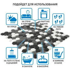 STP-BK005-HEX Natural Стеклянная мозаика Steppa черная белая серая полированная