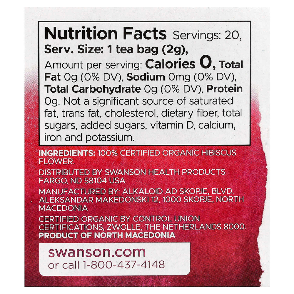 Swanson, Чай из цветов гибискуса, без кофеина, 20 чайных пакетиков, 40 г (1,4 унции)
