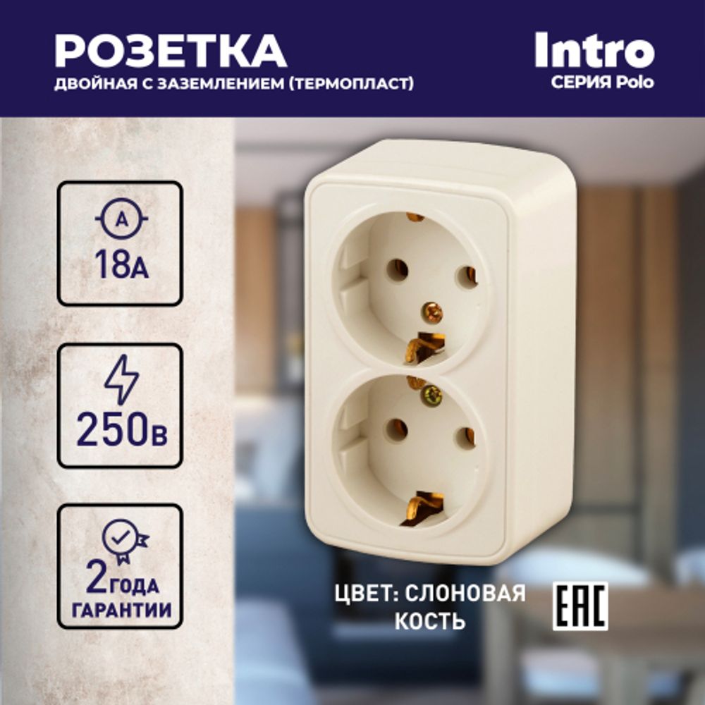 3-204-02 Intro Розетка 2х2P+E Schuko, 16А-250В, IP20, ОУ, Polo, сл.кость