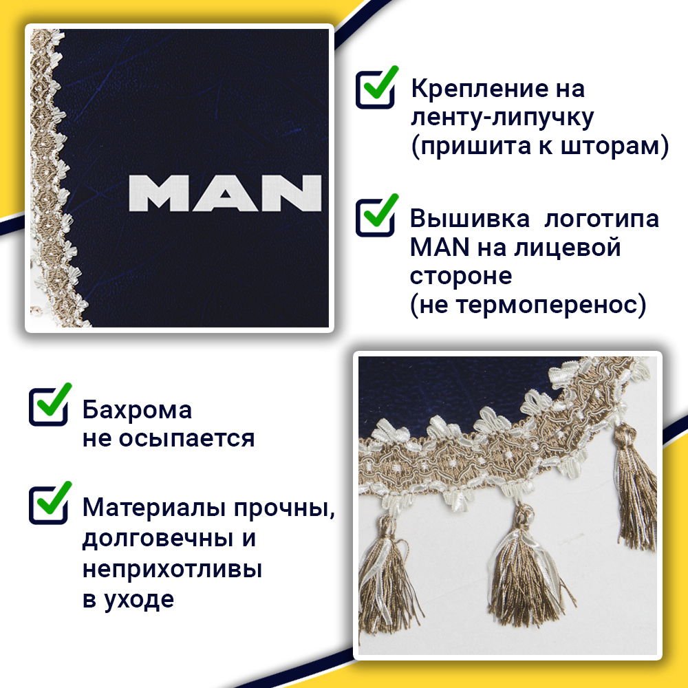 Ламбрекен с косынками Man (флок, синий, бежевые кисточки)