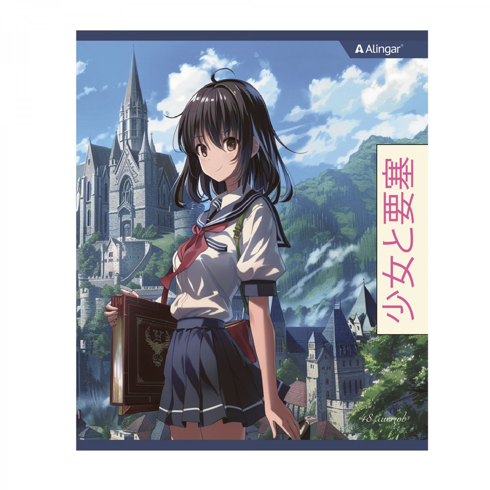 Тетрадь 48л., А5, линия, Alingar "Anime", скрепка, мелованный картон (стандарт), блок офсет, 4 дизайна в пленке т/у