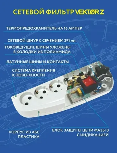 Сетевой фильтр для мощной бытовой техники 16А 3500Вт Vektor Z белый 1,8м