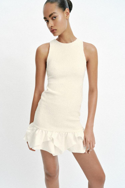 ZARA КОМБИНИРОВАННОЕ ПЛАТЬЕ ИЗ БУКЛЕ, ЭКРЮ