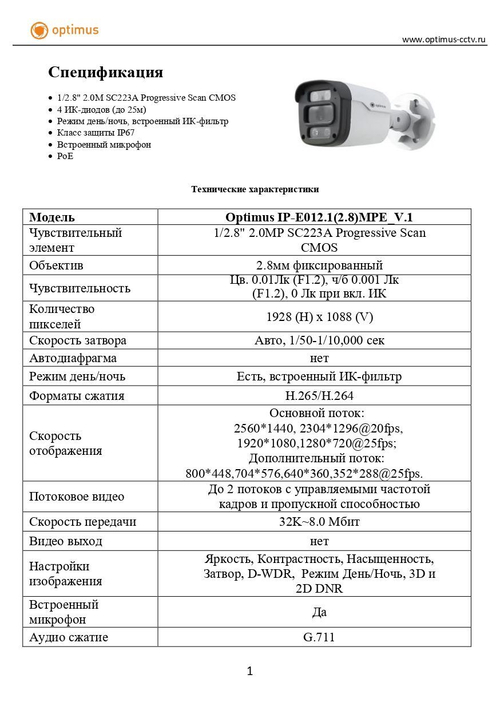 Видеокамера Optimus IP-E012.1(2.8)MPE_V.1