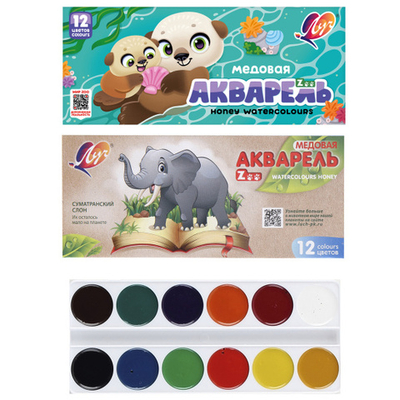 Акварель, 12 цветов, медовая, без кисточки, пластиковая коробка в картонном чехле, Луч, Zoo, 19С 1247-08