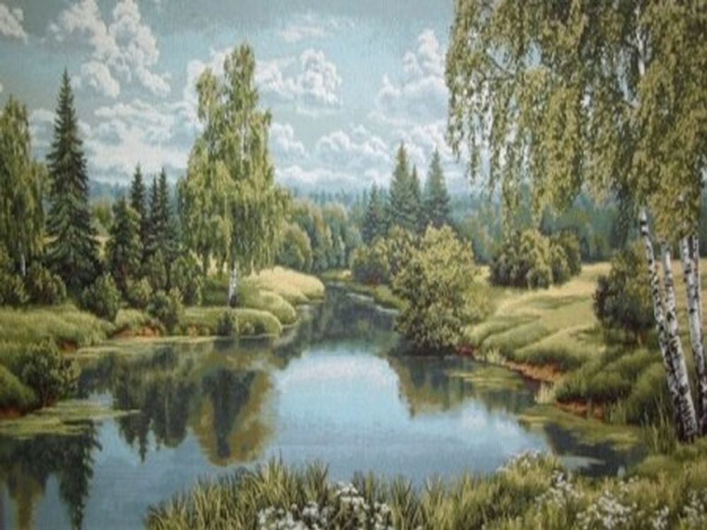 Гобеленовая картина &quot;D. ПЕЙЗАЖ С БЕРЁЗОЙ&quot; в багетной раме, Россия.
