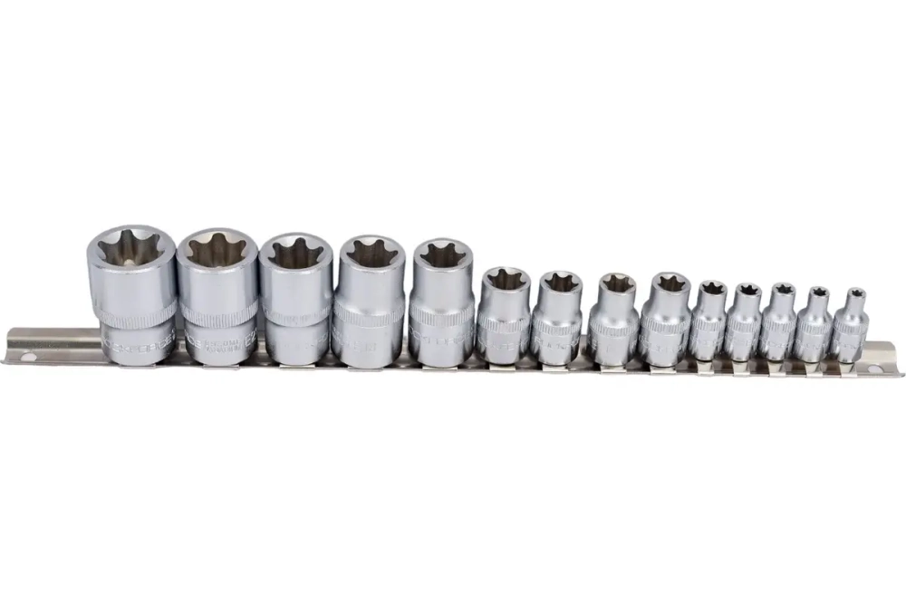 Набор торцевых головок RF-4158: 1/2"&1/4"&3/8"DR звездочка E4-24 14пр ROCKFORCE