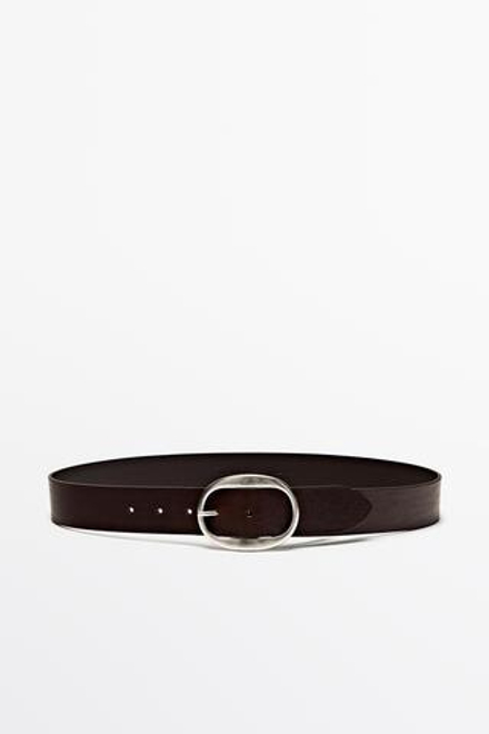 Massimo Dutti Ремень из кожи наппа с овальной пряжкой, коричневый