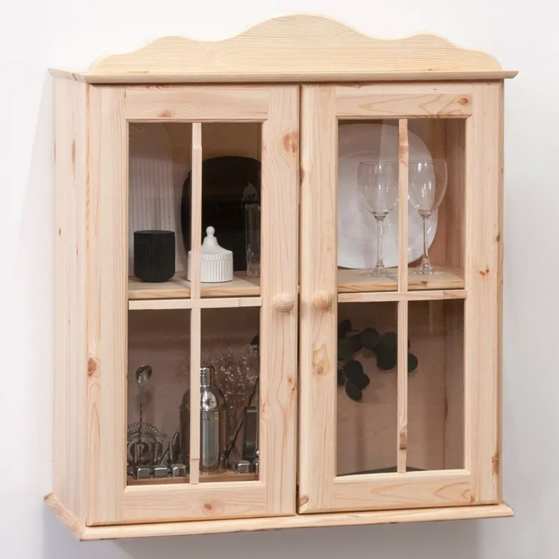 Шкаф навесной Бритта 2 двери 2 полки с карнизом из массива сосны для кухни и ванной, без отделки