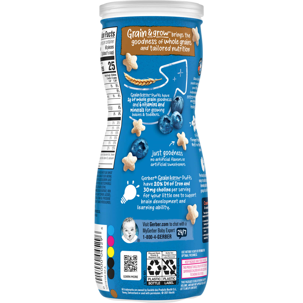 Gerber, Snacks for Baby, Grain & Grow, Puffs, воздушные закуски, для детей от 8 месяцев, голубика, 42 г (1,48 унции)