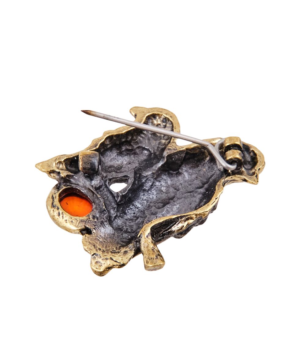 AM-3615 Брошь «Птички невелички» (латунь, янтарь)