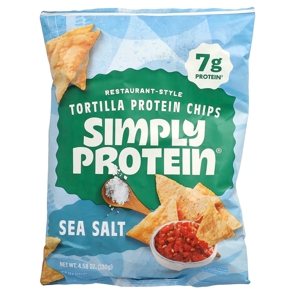 Simply Protein, ресторанные протеиновые чипсы из тортильи, с морской солью, 130 г (4,58 унции)