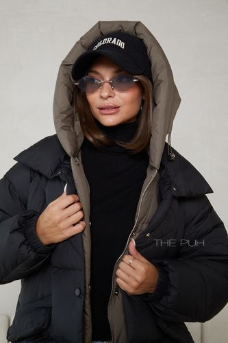 Женский черно-шоколадный многослойный пуховик