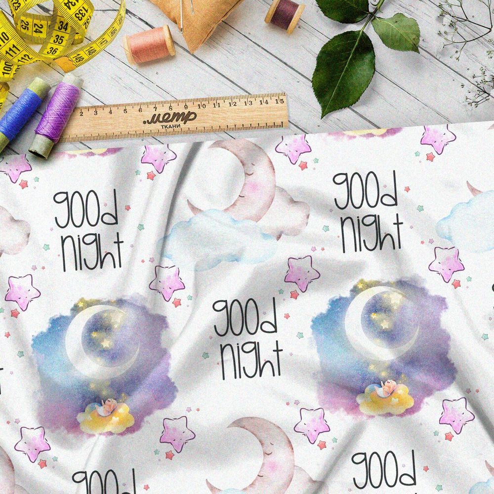 Ткань шелк Армани акварельное ночное небо с ярким месяцем