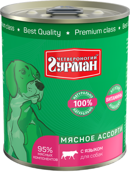 Корм консервированный для собак Четвероногий гурман "Мясное ассорти с языком", 340 г