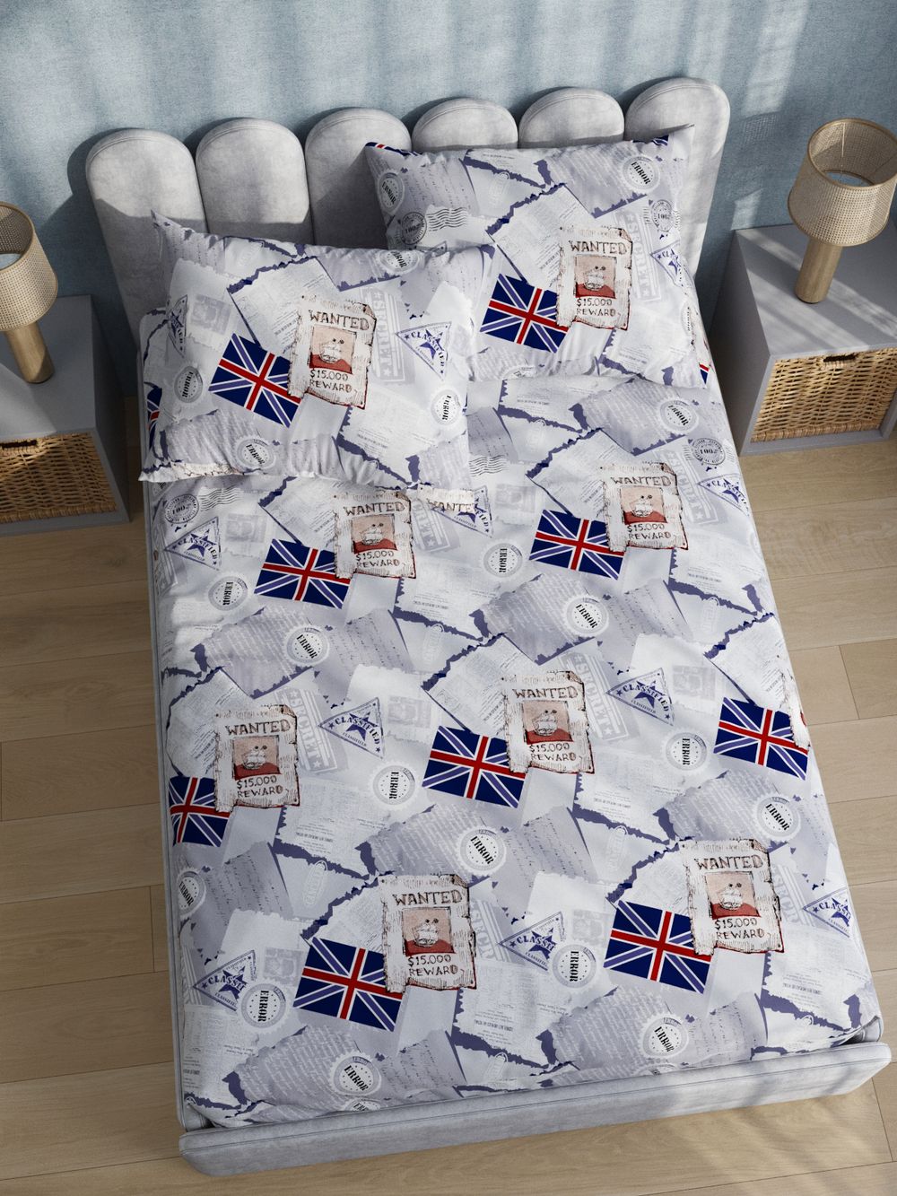 Постельное белье поплин Сказка "WANTED" 2-спальное Наволочка 50х70 см 2 шт Простынь на резинке 160x200 см Пододеяльник 175x215 см