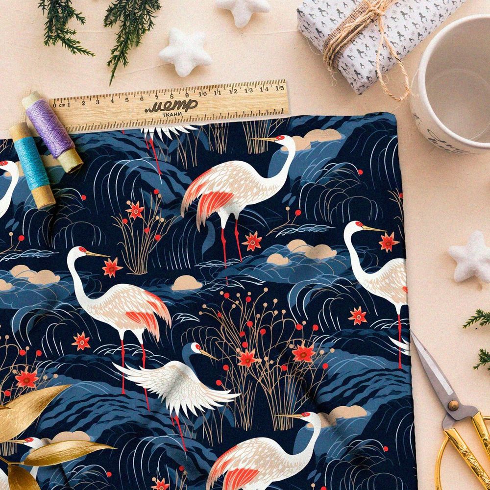 Ткань премиум шелк искусственный Армани сказочные цапли