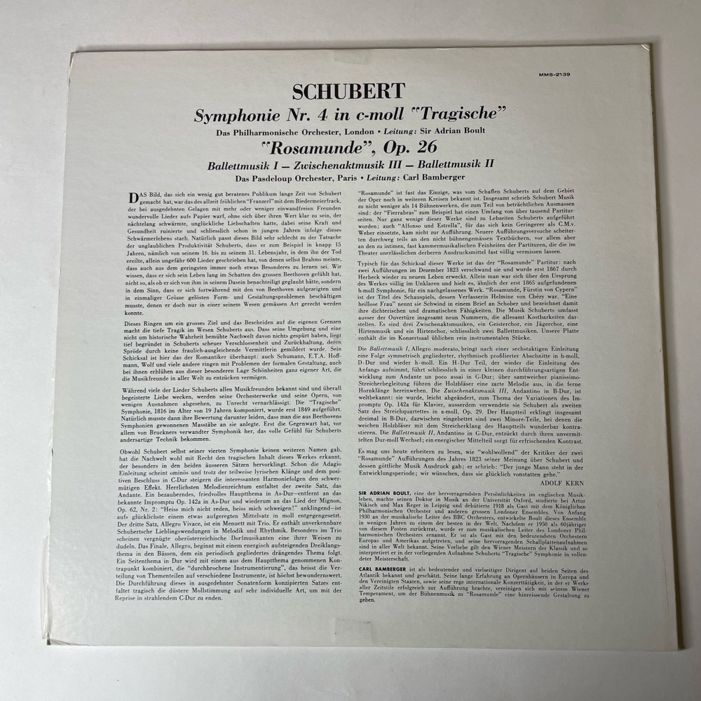Винтажная виниловая пластинка LP Schubert Шуберт, Симфония Symphonie Nr. 4 In C-Moll Tragische Трагическая / Rosamunde (Германия 1959)