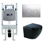 Унитаз подвесной WeltWasser AMBERG 497 ST + MERZBACH 043 GL-BL + AMBERG RD-CR черный глянцевый, безободковый, с крышкой микролифт, слив-торнадо, с инсталляцией и кнопкой хром глянцевый