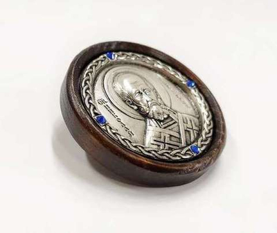 Автоикона круглая свт. Николай Чудотворец  (дерево, медь, стразы)