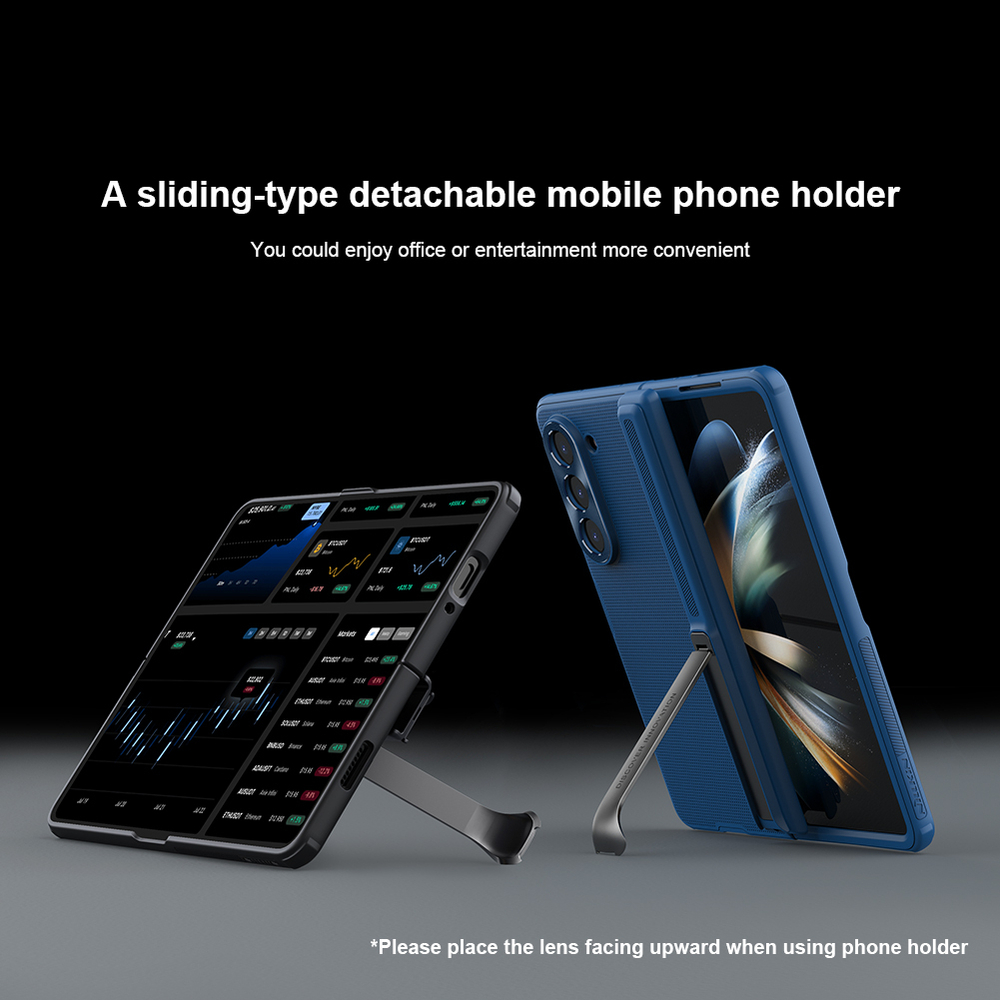 Чехол синего цвета на Samsung Galaxy Z Fold 5 от Nillkin, серия Super Frosted Shield Fold-Bracket Version, версия со съемной подставкой
