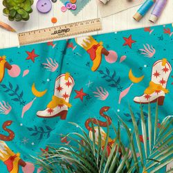 Ткань оксфорд 600 сапоги ковбоя и змеи на бирюзовом фоне