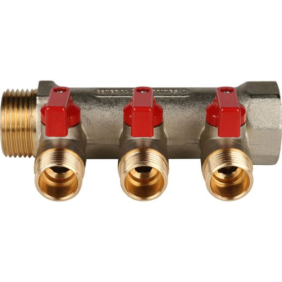 Коллектор запорный STOUT ВР-НР 1&quot;/НР 3*1/2&quot; красные ручки 30456