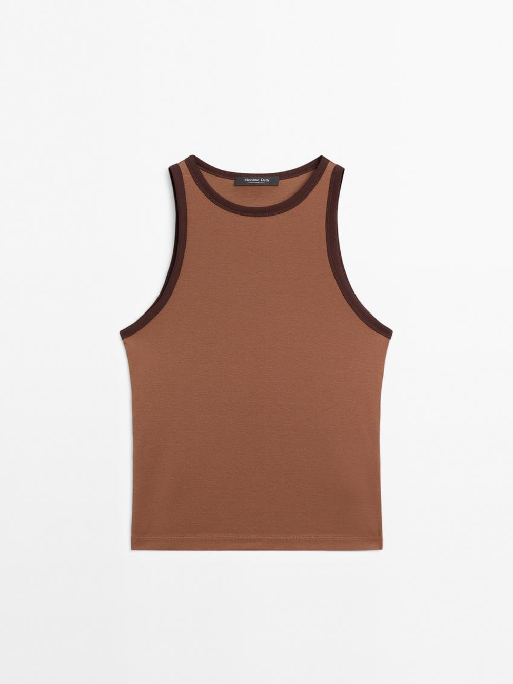 Massimo Dutti Топ из 100% хлопка с горловиной халтер и контрастной отделкой, кофейный