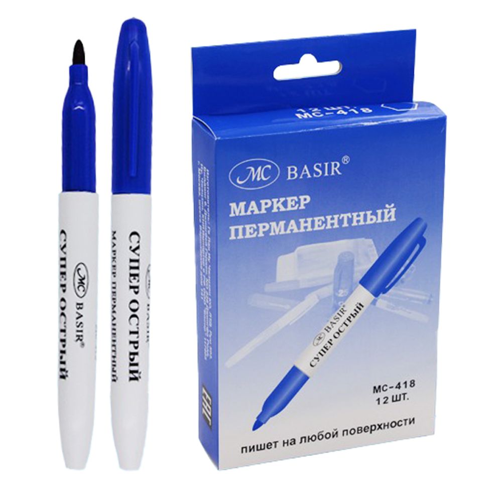 Маркер перманентный Basir, 18 мм, пулевидный наконечник 2 мм, 12 шт, синий