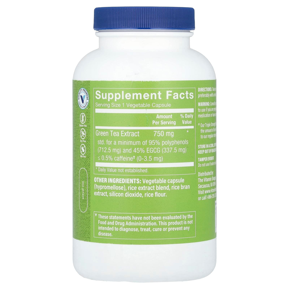 The Vitamin Shoppe, Экстракт зеленого чая, тройная сила действия, без кофеина, 200 растительных капсул (750 мг на капсулу)