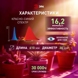 Светильник для растений, фитолампа светодиодная линейная ЭРА FITO-9W-Rb-Т8+FITO-Holder IP65 2хG13 с выключателем, 1.5м