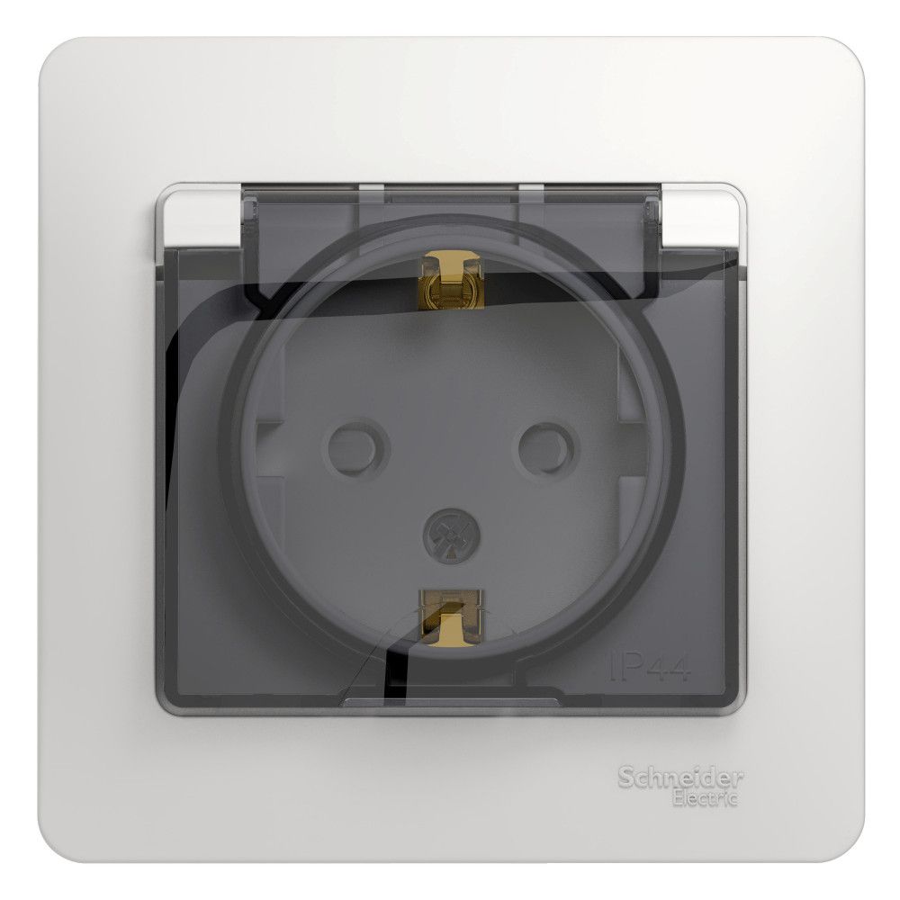 Schneider Electric Glossa Белый Розетка с заземляющими контактами со шторками с крышкой IP44, в сборе с рамкой скрытая установка GSL000148