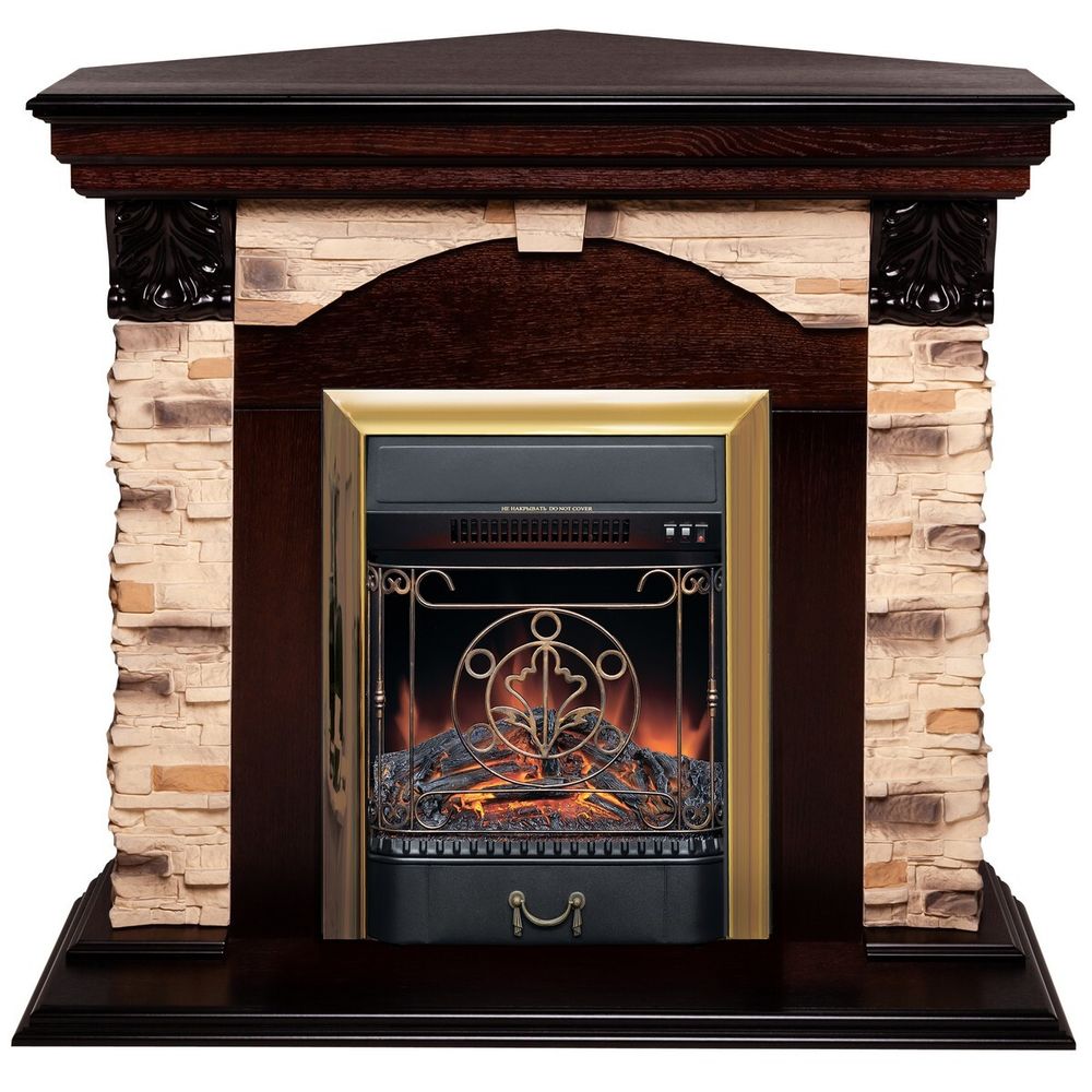 Электрокамин RealFlame Dublin Corner Rock AO античный дуб с очагом Majestic Lux Brass