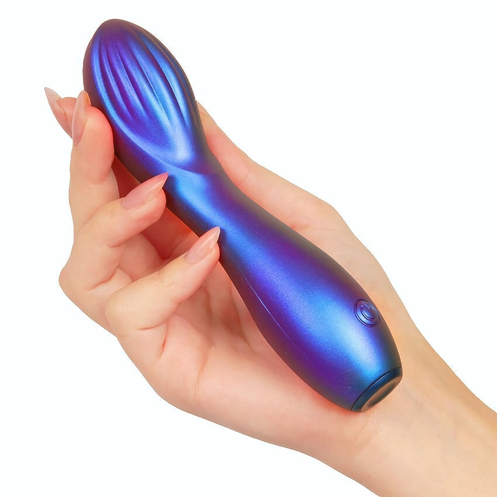 Синий вибромассажер с загнутой головкой - 15 см. (Цвет: синий)