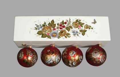 Zhostovo Christmas balls in wooden box - set of 4 balls SET04D-667785808