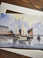 Картина авторская акварельная в паспарту 30х40 см на стену для интерьера "Парусники в гавани"