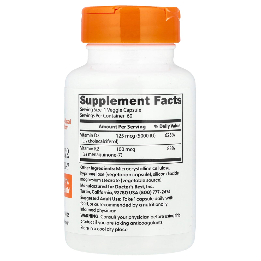 Doctor's Best, Витамин D3 + K2, МК-7, 60 растительных капсул