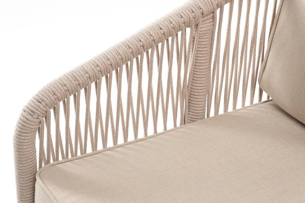 "Канны" диван 2-местный плетеный из роупа, каркас алюминий белый муар, роуп бежевый круглый, ткань бежевая 052