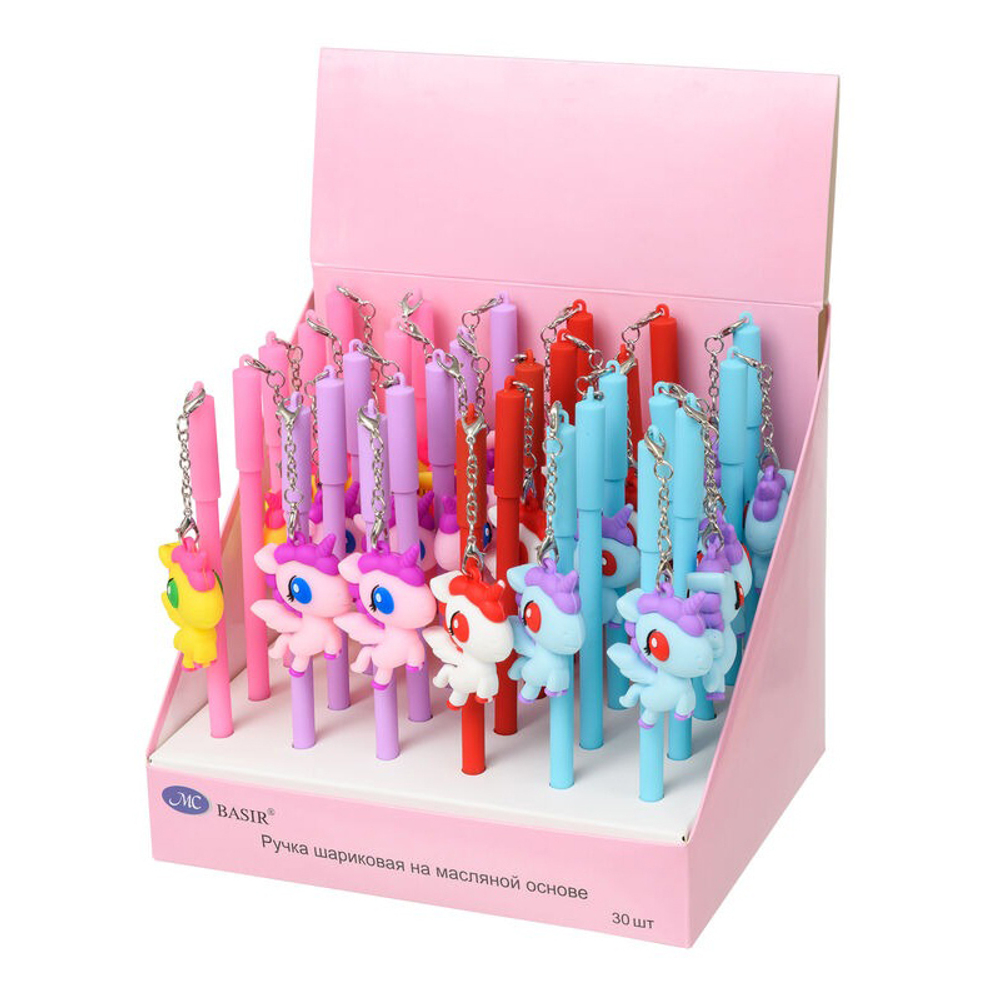 Ручка шариковая, масляная, Basir, синие чернила, серия "Единорог", с брелоком, 30 шт