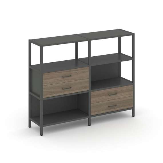 Shelf System Двухсекционный стеллаж трехярусный с ящиками SN.STM-323 Антрацит/Вяз Благородный/Металл