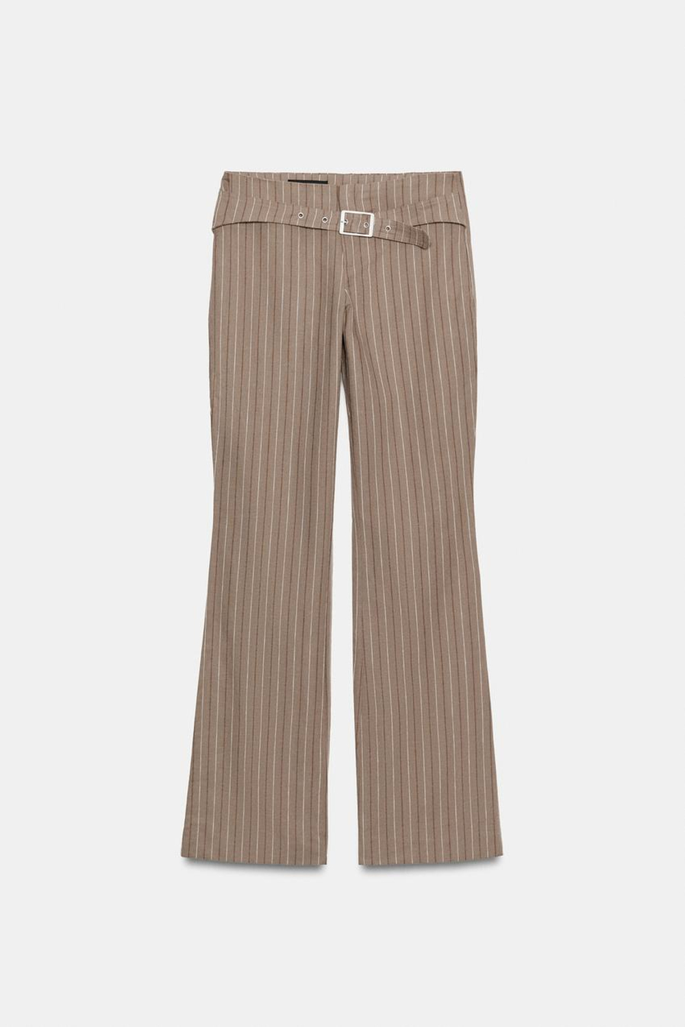 ZARA РАСКЛЕШЕННЫЕ БРЮКИ В ПОЛОСКУ С ПРЯЖКОЙ, КОРИЧНЕВЫЙ/ЭКРЮ