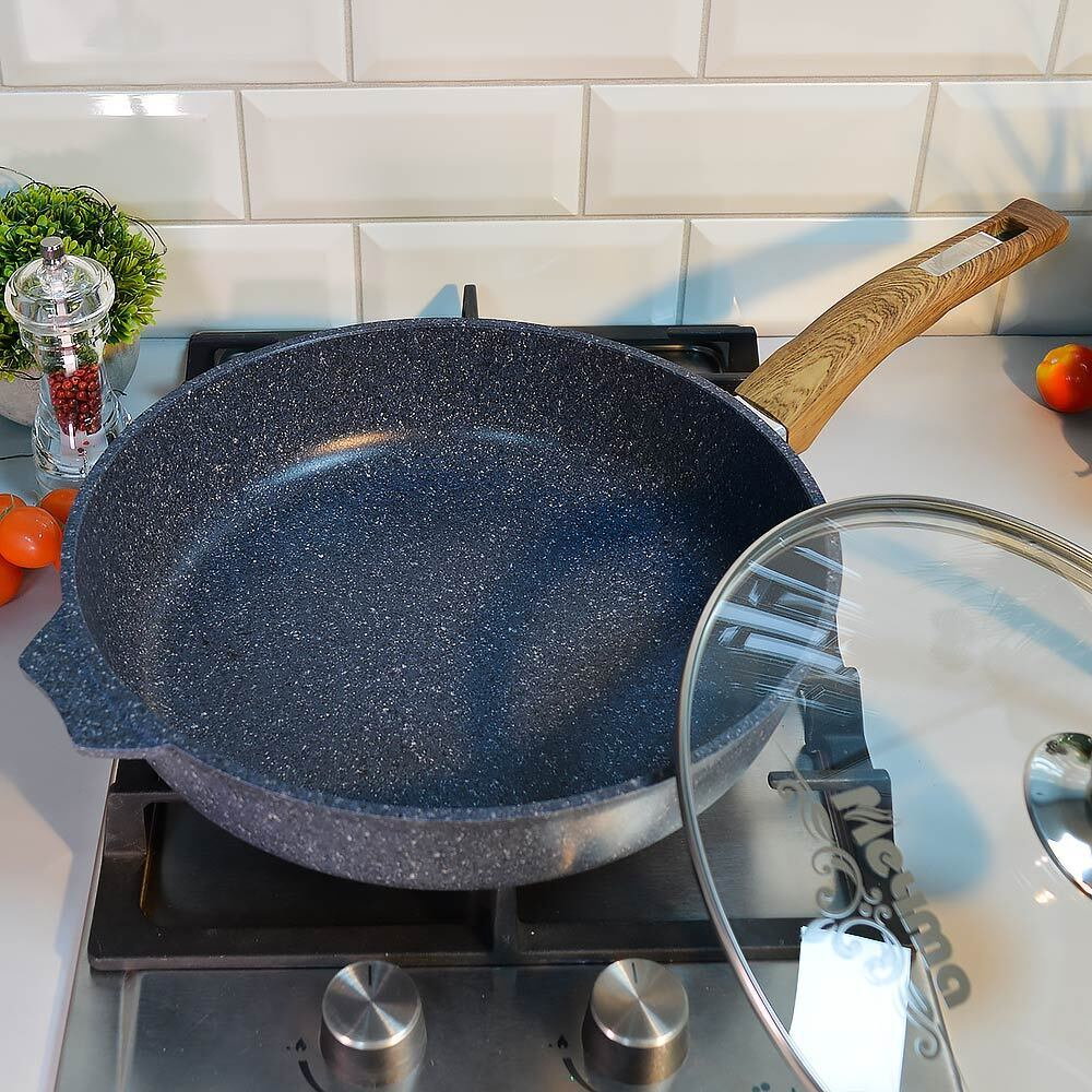 Сковорода 28см Premium blue с несъемной ручкой и стеклянной крышкой