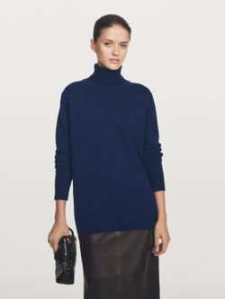 Massimo Dutti Длинный трикотажный свитер с высоким воротником, цвет океана