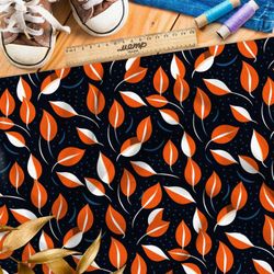 Ткань премиум атлас оранжевые листочки на черном