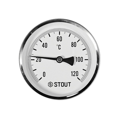Термометр биметаллический аксиальный STOUT - 1/2" (D100мм, шкала 0-120°C, с гильзой 75 мм)